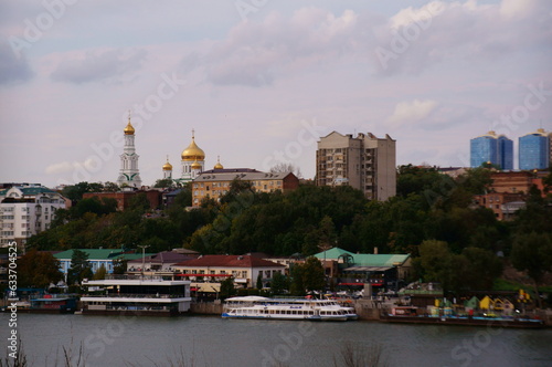 City view from the embankment, piers and river boat. Rostov-on-Don