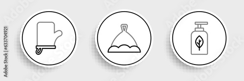 Set line Essential oil bottle, Sauna mittens and hat icon. Vector