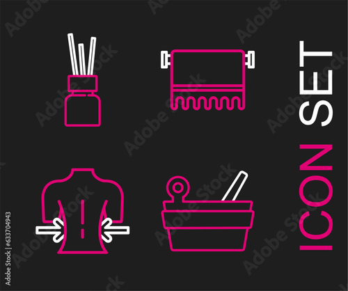 Set line Sauna bucket and ladle, Massage, Towel on hanger and Aroma diffuser icon. Vector
