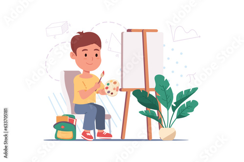 Concept Art lesson with people scene in the flat cartoon style. The boy learns to paint with paints at school. Vector illustration.