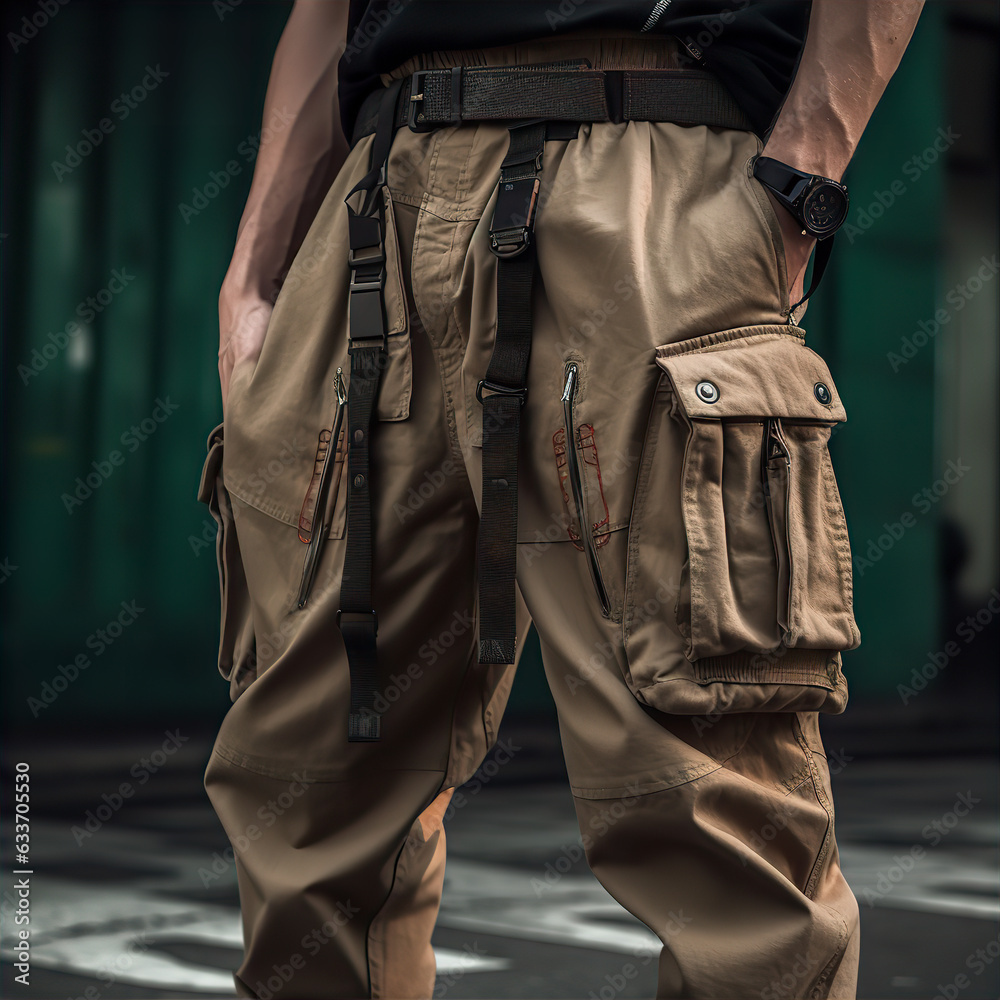 Zoomed-In View of Brown and Green Cargo Pants on Male Model's Legs Zoomed-In View of Brown and Green Cargo Pants on Male Model's Legs