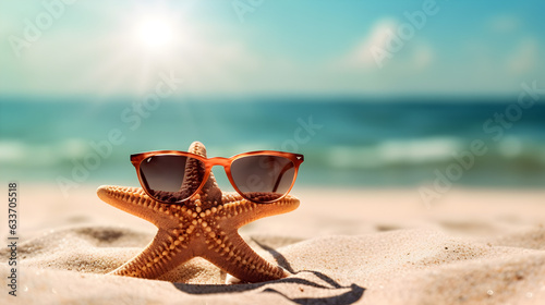 Sunglasses and star fish on the sand with tropical beach background © AhmadSoleh