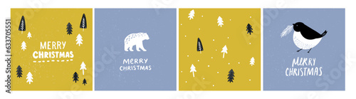 Scandinavian Christmas trees and animals greeting card design set. Modern art vector ilustration with spruce, forest, polar bear, winter bird. Bold green and blue colors.