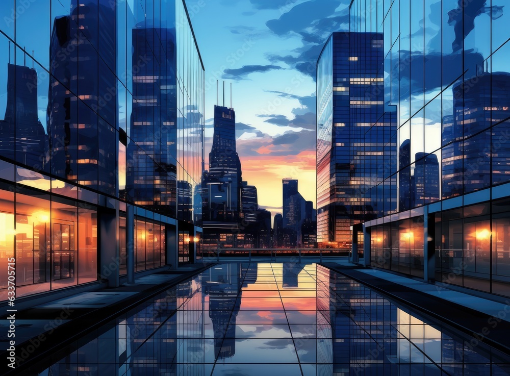 From below of entrance of office building next to contemporary high rise structures with glass mirrored walls. Created with Generative AI technology. From below of entrance of office building next to contemporary high rise structures with glass mirrored walls. Created with Generative AI technology.