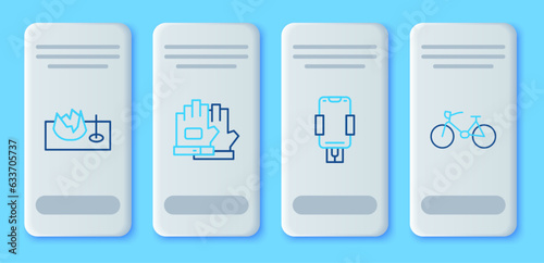 Set line Gloves, Mobile holder, Bicycle on street ramp and icon. Vector
