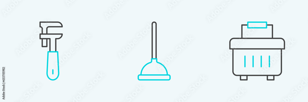 Set line Toolbox, Pipe adjustable wrench and Rubber plunger icon. Vector Set line Toolbox, Pipe adjustable wrench and Rubber plunger icon. Vector