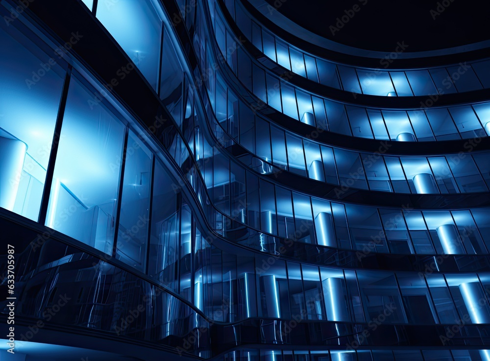 Fototapeta premium From below of entrance of office building next to contemporary high rise structures with glass mirrored walls. Created with Generative AI technology.