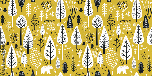 Scandinavian forest seamless pattern background, trees silhouettes and bear in woodland, home decor textile texture on green backdrop. Vector repeat landscape nature art.