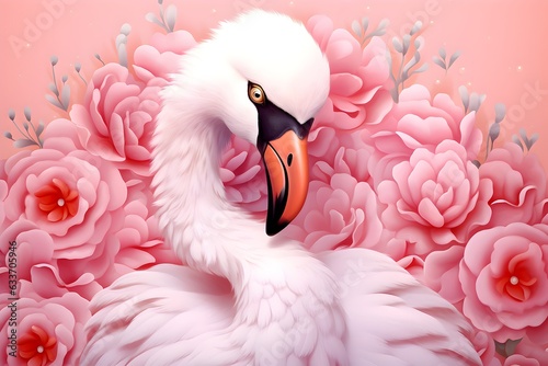 Fototapeta Naklejka Na Ścianę i Meble -  Cute swan with flowers and leaves decoration on pink. AI generative
