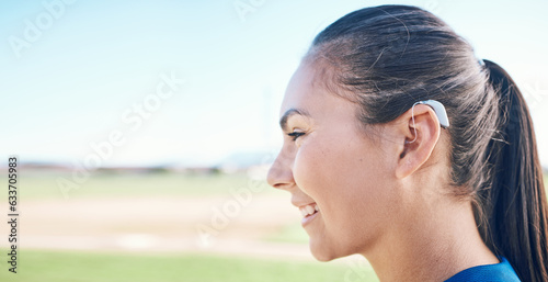 Smile  profile and woman in hearing aid  ear and sound amplifier in mockup space at park outdoor. Happy  person with a disability and deaf tools in audio communication  tech and listening microphone