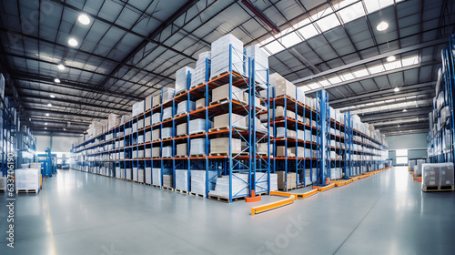 Huge Distribution Warehouse with high shelves. Logistics Depot. Ai generative.