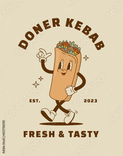 Cartoon doner kebab character in retro 70s style. Turkish food vector illustration. Vintage pita, gyros mascot poster. Nostalgia 60s, 1970s, 80s
