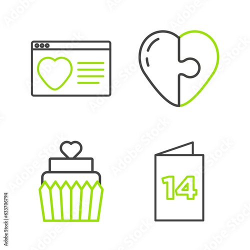 Set line Greeting card, Wedding cake with heart, Heart and Dating app online icon. Vector