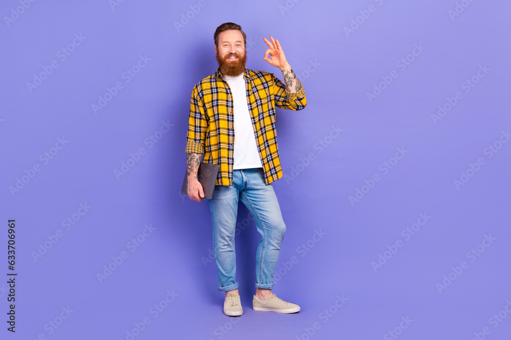 Full length photo of stylish man freelance worker wear trendy outfit show okey symbol isolated on purple color background Full length photo of stylish man freelance worker wear trendy outfit show okey symbol isolated on purple color background