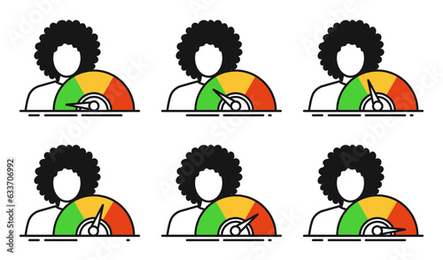 Set of simple icons with woman and meter. The concept of measuring stress, pressure, productivity, success and more
