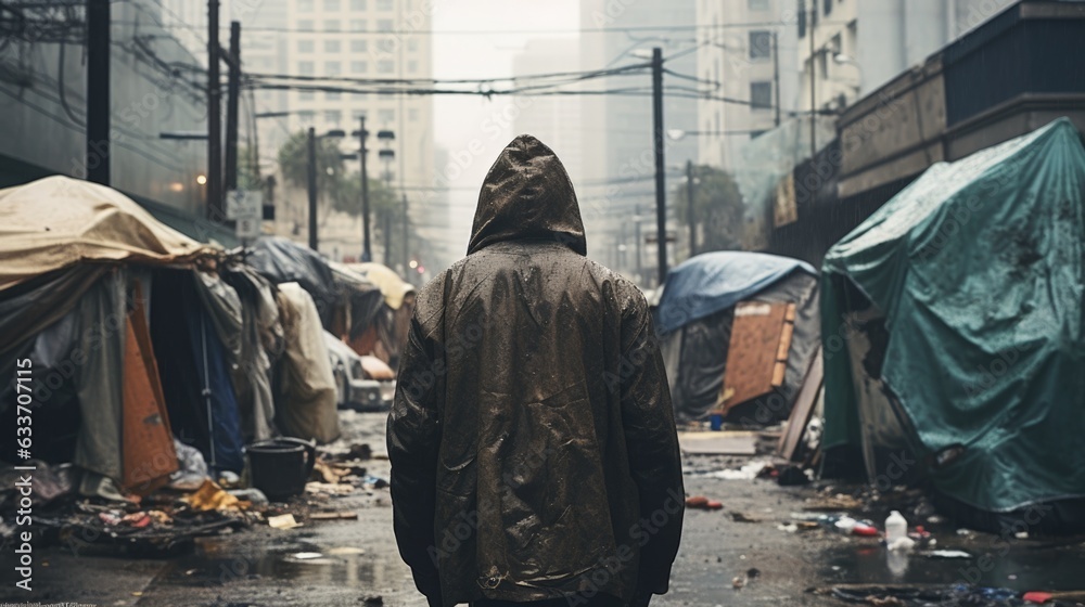 Man seen from behind walking through street full of homeless people living in tents