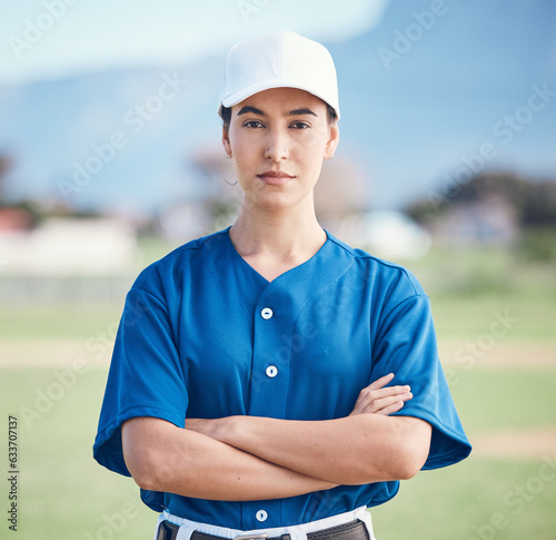 Photography Sports, portrait and woman with arms crossed for baseball field training, workout or match