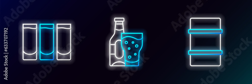Set line Metal beer keg, Shot glass and Beer bottle and icon. Glowing neon. Vector