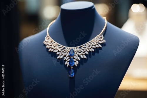 Diamond and sapphire necklace on mannequin