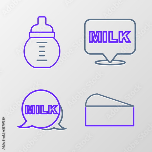 Set line Cheese, Lettering milk, and Baby a bottle icon. Vector