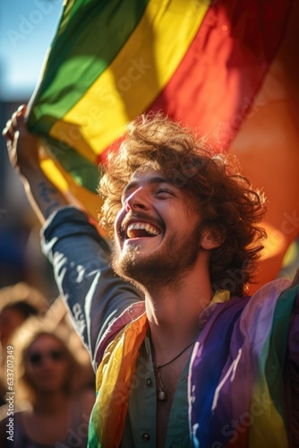 Man Waving Rainbow Flag at a Pride Parade