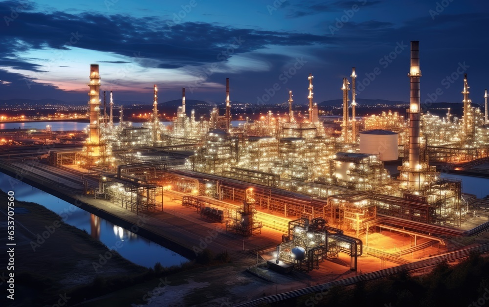 Obraz premium Aerial top view storage tank farm at night, Tank farm storage chemical petroleum petrochemical refinery product at oil terminal, Created with Generative AI technology.