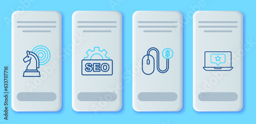 Set line SEO optimization, Advertising, Chess and Laptop with star icon. Vector