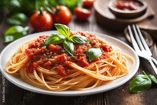 spaghetti bolognese on a rustic plate. italian pasta with basil
