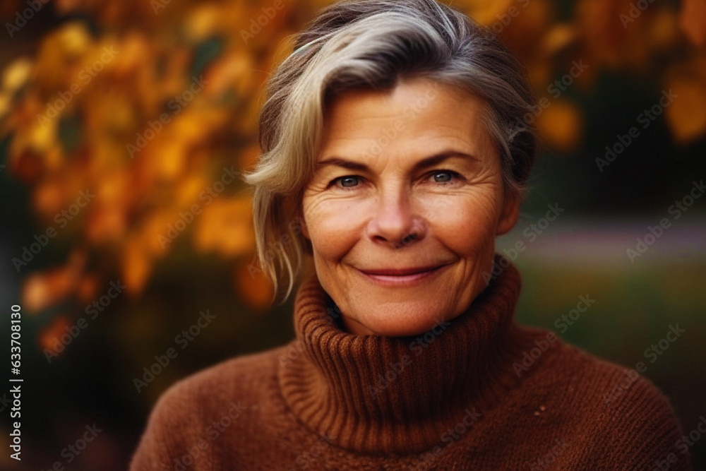 Portrait of smiling middle age lady in her 50s wearing a cozy sweater against an autumnal garden background