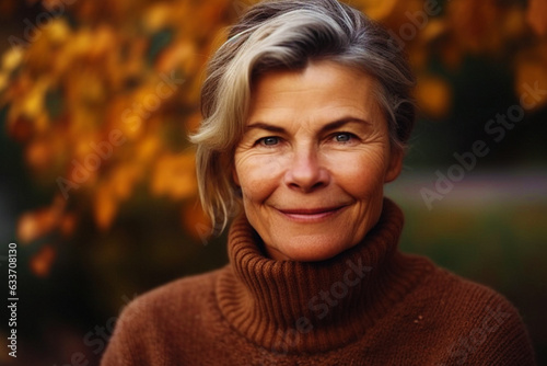 Portrait of smiling middle age lady in her 50s wearing a cozy sweater against an autumnal garden background