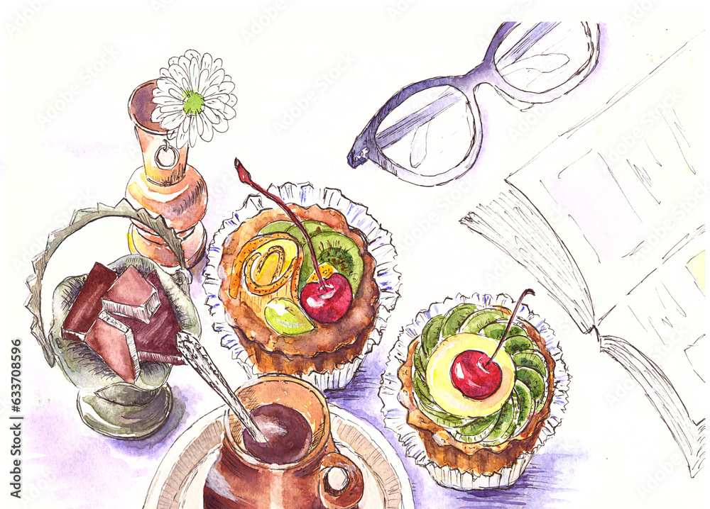 Drawing illustration of cupcakes muffins decorated with cream, cherries and kiwi pieces. Watercolor