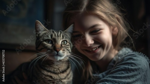 Cute little smiling girl with hugs cute warm striped cat. Lovely domestic pet.