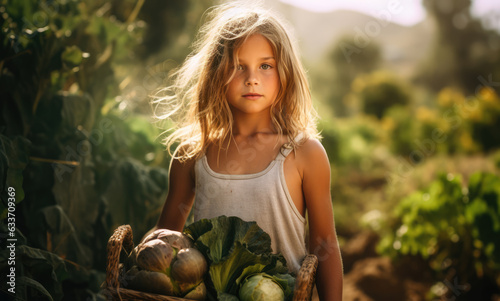 Young girl with a wooden box of fresh vegetables in a farm. Generative AI.