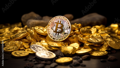 Golden Bitcoin Coin and mound of gold. Bitcoin cryptocurrency. Business concept. Generated with AI