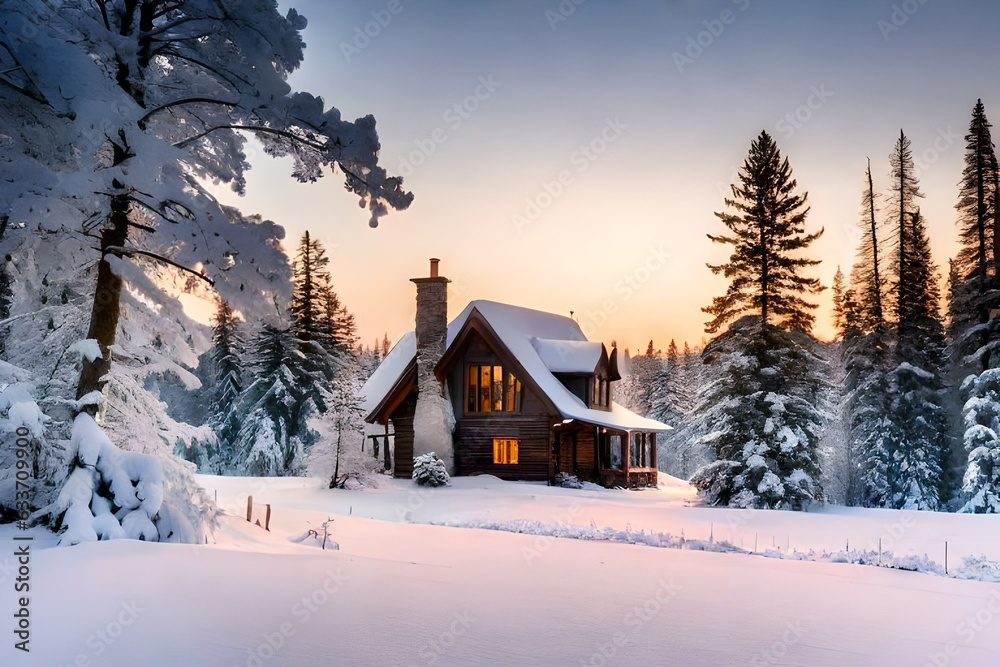Naklejka premium In the heart of a winter wonderland, a charming house stands amidst the embrace of an ancient fores
