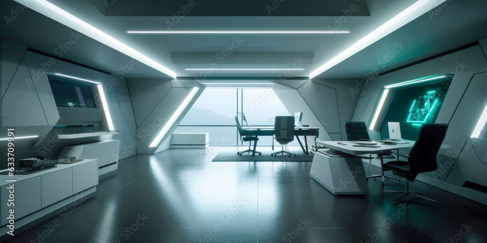 Futuristic modern office. Business corporation room - Generative AI Futuristic modern office. Business corporation room - Generative AI