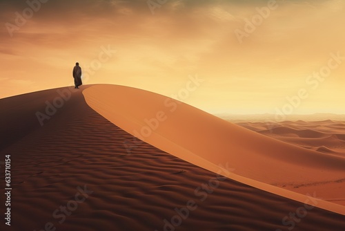 Desert Solitude: Sand Dunes and Distant Man Standing, an Emblem of Jesus' 40 Days' Resilience against Temptation Generative AI