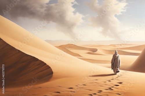 Echoes of Temptation  Sand Dunes and Remote Figure  Evoking Jesus  Endurance during 40 Days in the Desert Generative AI