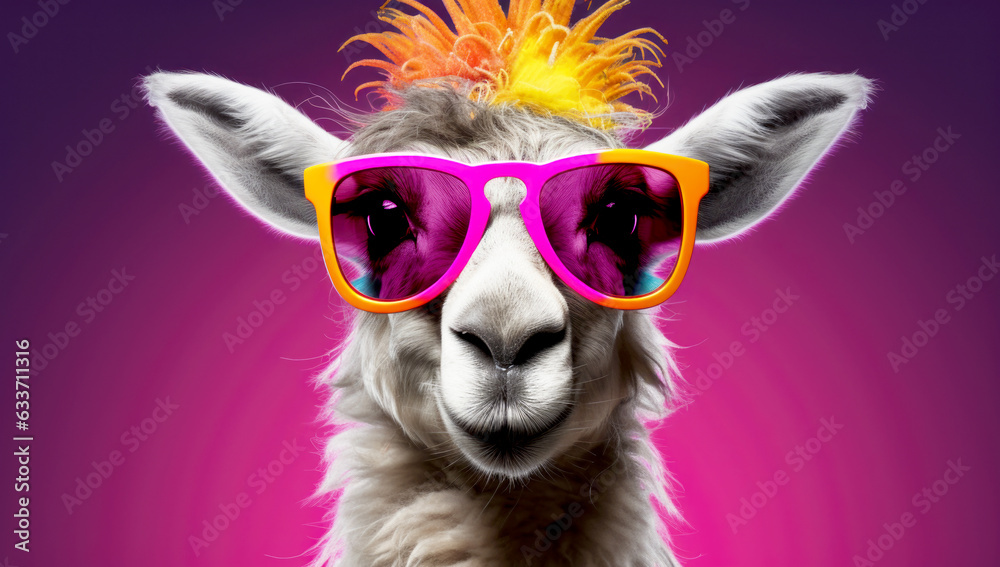 cheerfu lama in bright big sunglasses. Generated with AI