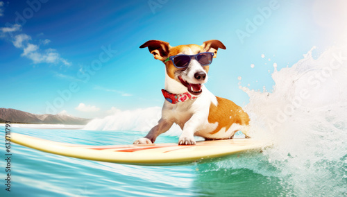 jack russell dog surfing on a wave , on ocean sea on summer vacation holidays, with cool sunglasses and flower chain. Generated with AI