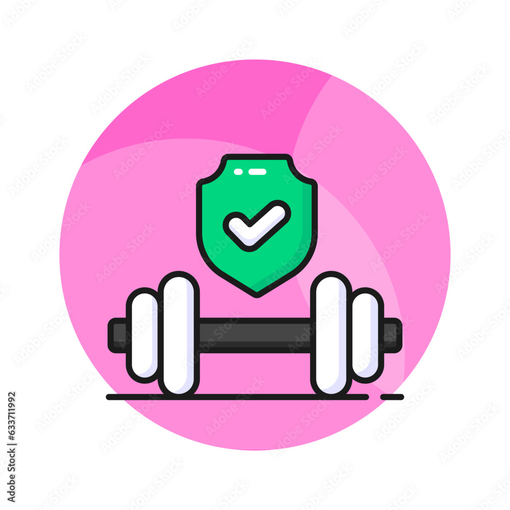 Dumbbell with safety shield denoting concept icon of health insurance, healthcare protection, fitness Dumbbell with safety shield denoting concept icon of health insurance, healthcare protection, fitness
