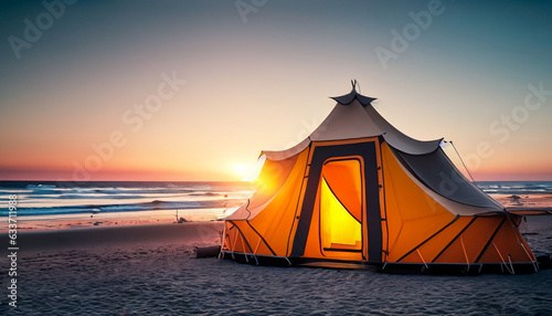 Glamping classic tent at sunset beach