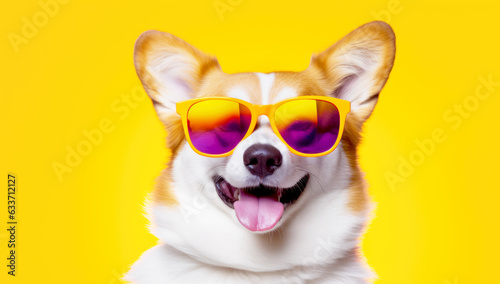 A funny Welsh Corgi portrait. Dog wearing sunglasses. Generated with AI © millenius