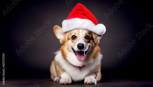 welsh corgi dog a Santa Claus hat. Generated with AI © millenius