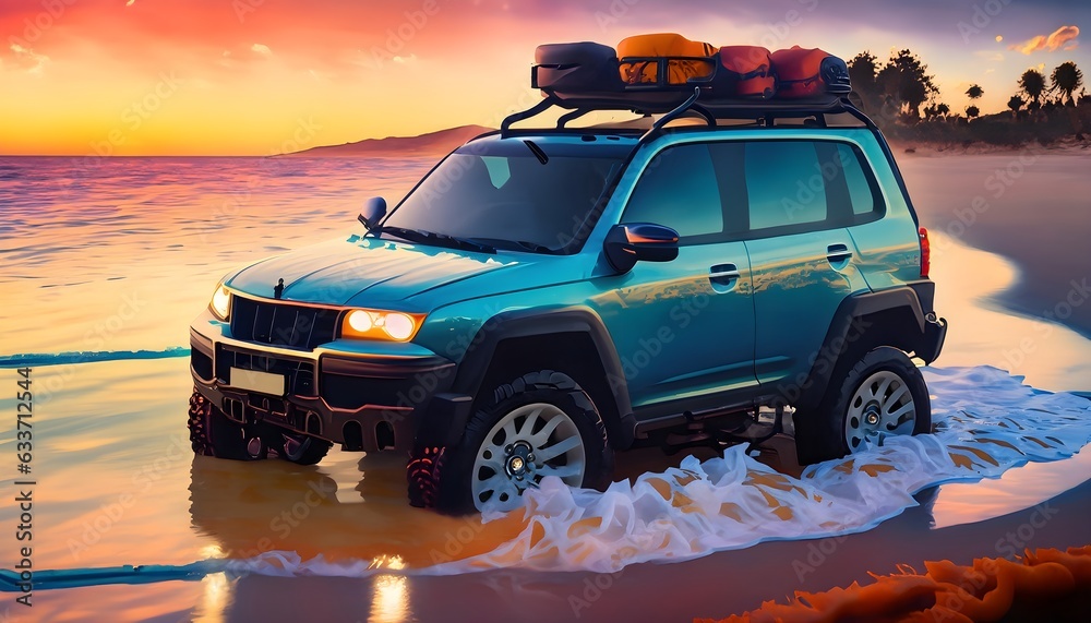 off-road vehicle with a roof rack immersed in water on the beach at sunset wallpaper