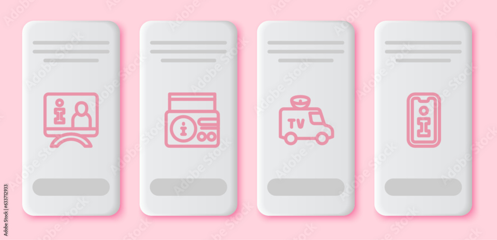 Set line Television report, News radio channel, TV car and Information. White rectangle button. Vector