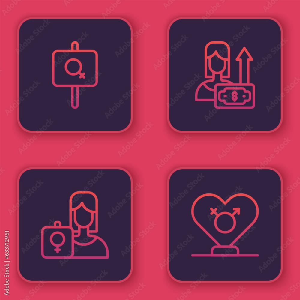 Set line Feminist activist, Money growth woman and Gender. Blue square button. Vector Set line Feminist activist, Money growth woman and Gender. Blue square button. Vector