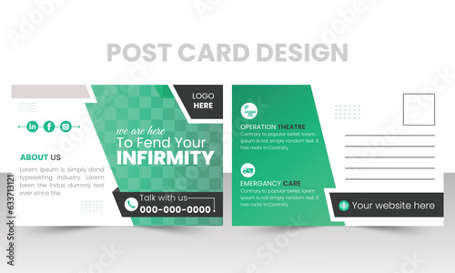 Medical and healthcare postcard Post Card Design Template.  Modern Postcard Medical, hospital, clinical postcard layout.