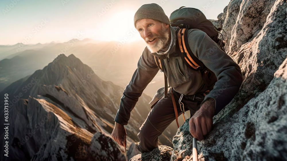 Professional climber mountaineer alpinist man with backpack rope and