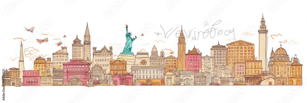 Washington DC city panorama, urban landscape. Business travel and travelling of landmarks. Illustration, web background. Buildings silhouette. United States - Generative AI